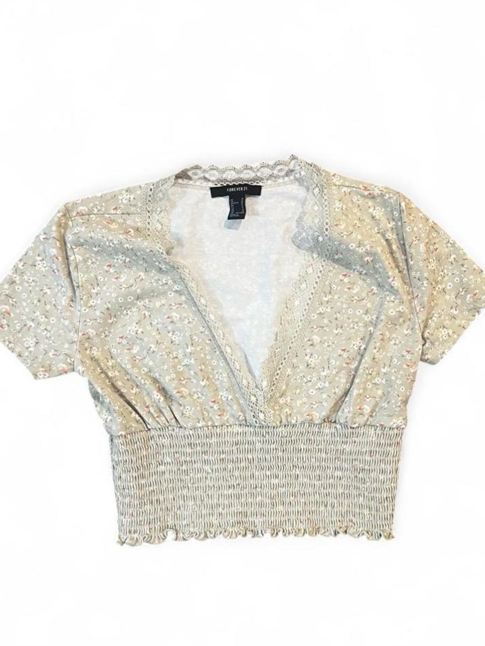 Forever 21 Sage Green Floral Lace-Trim Smocked Crop Top